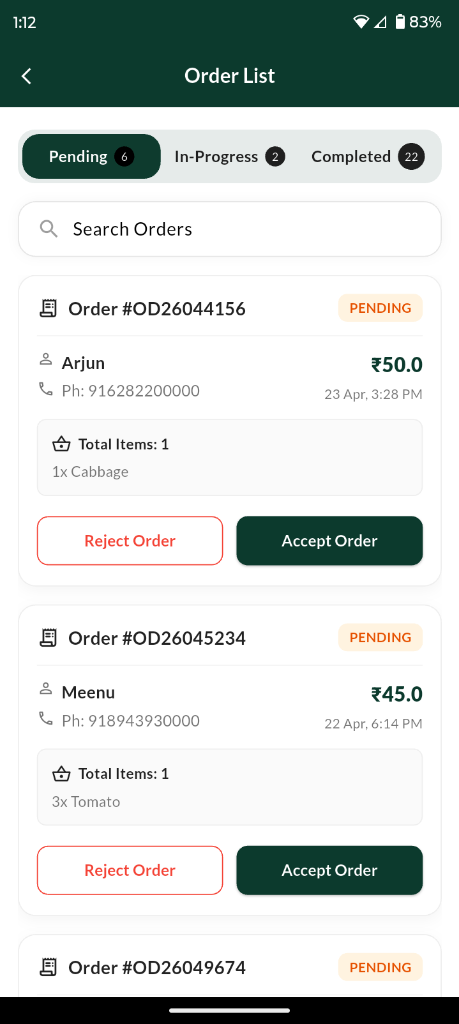 Sanji Seller Orders Screen